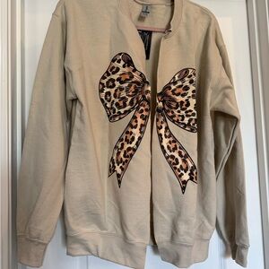Gildan Beige Bomber Jacket with Leopard Bow